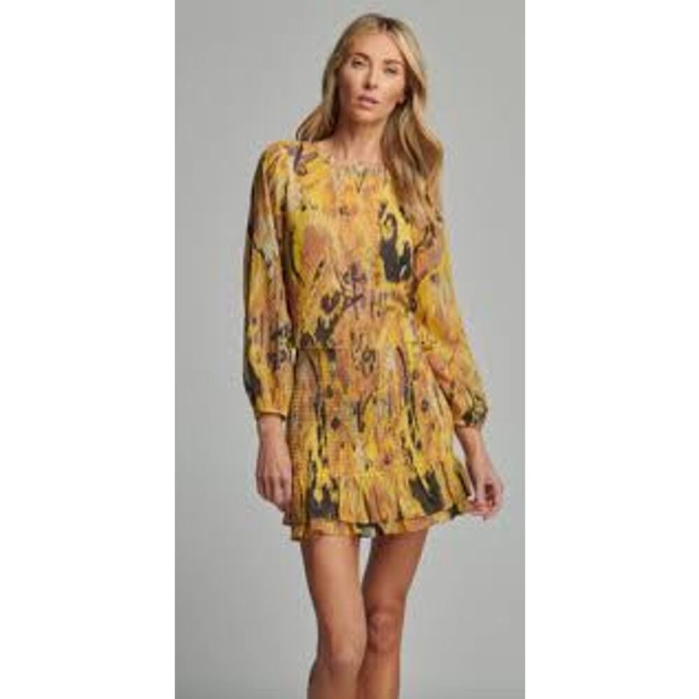 Sundays Andie Smocked Mini Skirt Yellow Abstract Print Ruffle Hem M NWT Festival - Picture 7 of 8